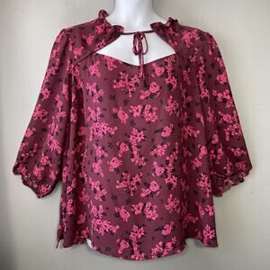 Lane Bryant Peasant Top Plus Size 28 Pink Floral Flowy Romantic Cut Out Neck